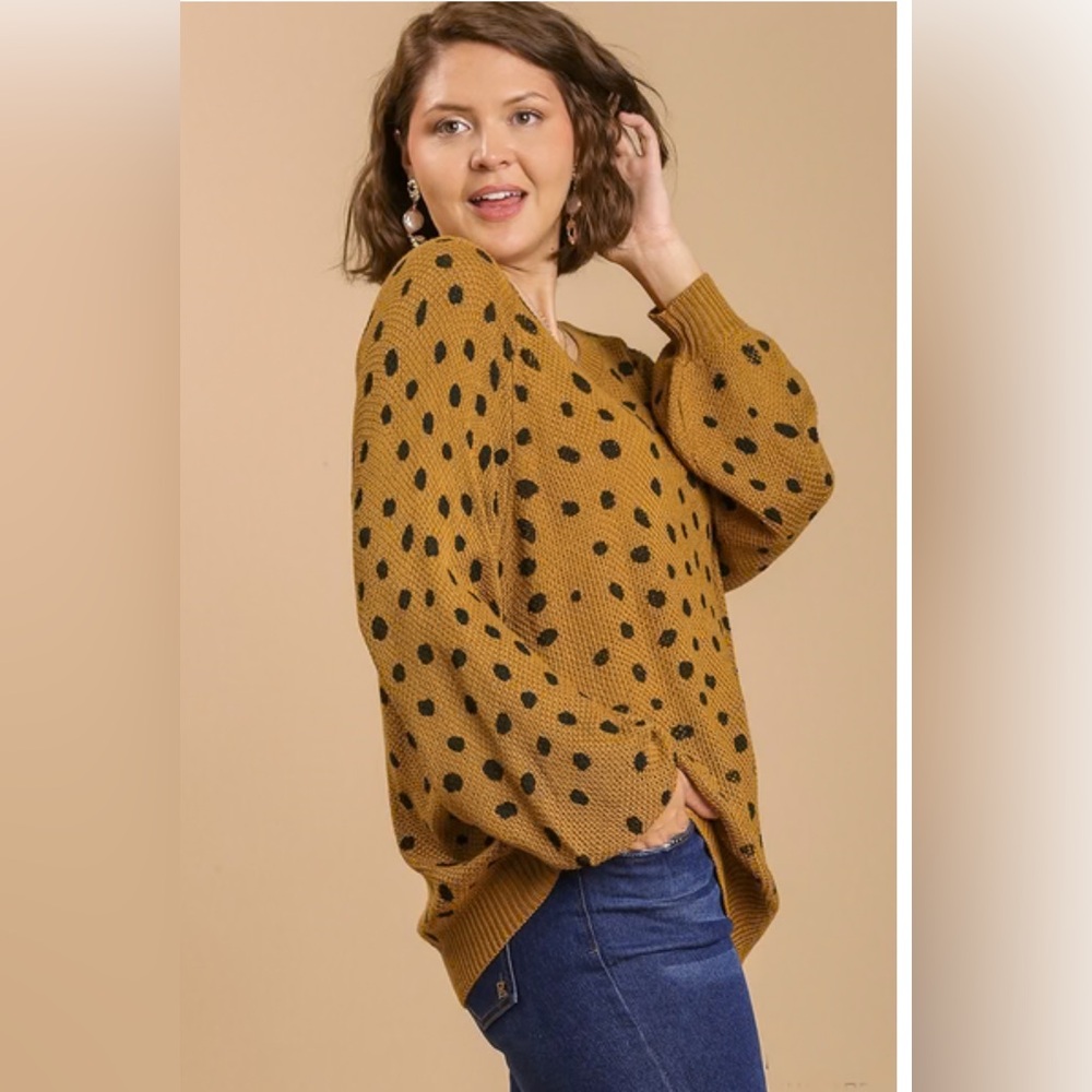 Umgee Mustard and Black Polka Dot Sweater - Picture 4 of 6